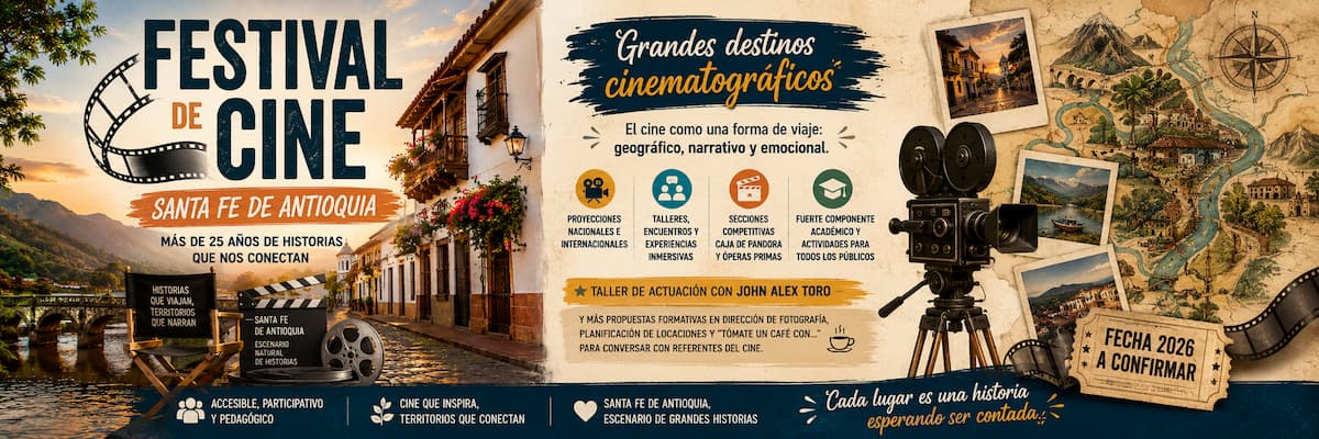 Vive el Festival de Cine de Santa Fe de Antioquia 2026. Cine, talleres, experiencias inmersivas y grandes historias en uno de los eventos culturales más importantes de Colombia.