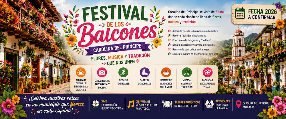Disfruta el Festival de los Balcones 2026 en Carolina del Príncipe, Antioquia. Flores, música, tradición, cultura y actividades familiares en un pueblo lleno de color y alegría